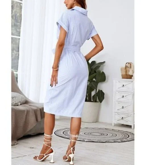 CUPSHE Short Casual Style Pin Stripe Button Down Light Blue Dress Size M - Picture 8 of 11